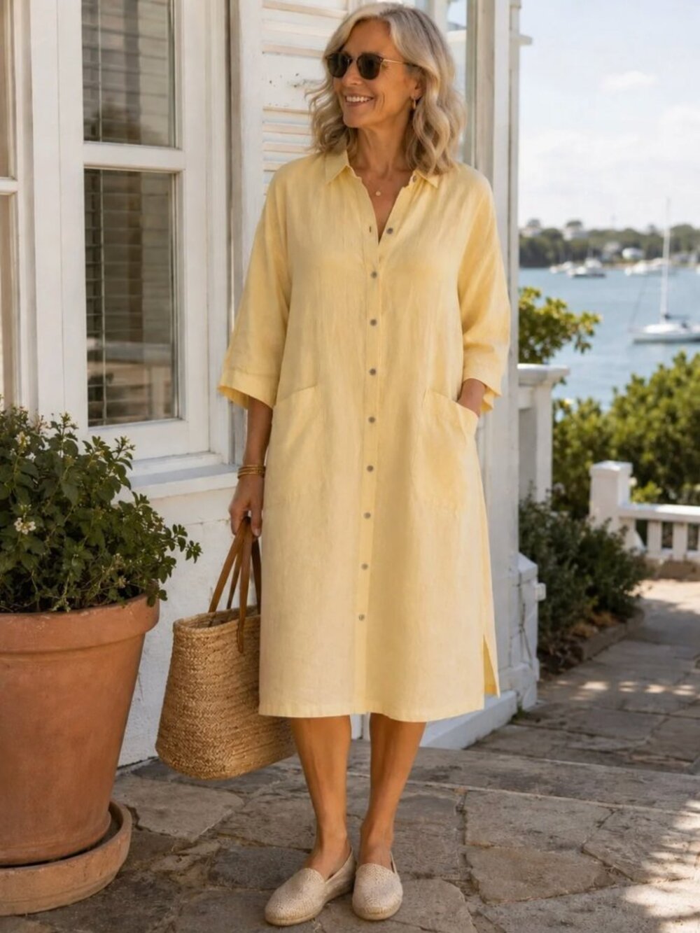 J. Jill PureJill Linen 3/4 Sleeve Button-Front Shirt Dress Pockets Yellow, sz M